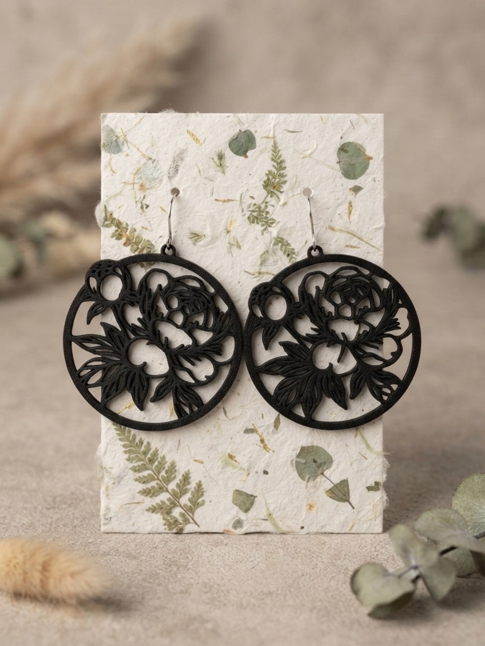 Black Floral Cutout Hoop Earrings - Women Jewelry